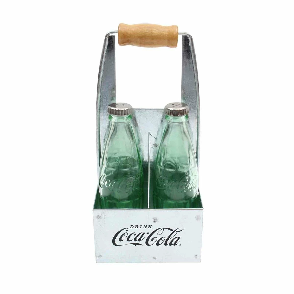 Hot Sale ⭐ TableCraft 1oz Coca-Cola Salt & Pepper Shakers | Green Tinted Glass With Galvanized Rack Green 🥰 3 Hot Sale ⭐ TableCraft 1oz Coca-Cola Salt & Pepper Shakers | Green Tinted Glass With Galvanized Rack Green 🥰