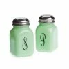 Brand new 👍 Mosser Glass Monogram Salt & Pepper Set | Jadeite Black, Green 😉 -Oneida Sales Store jadeitesp1
